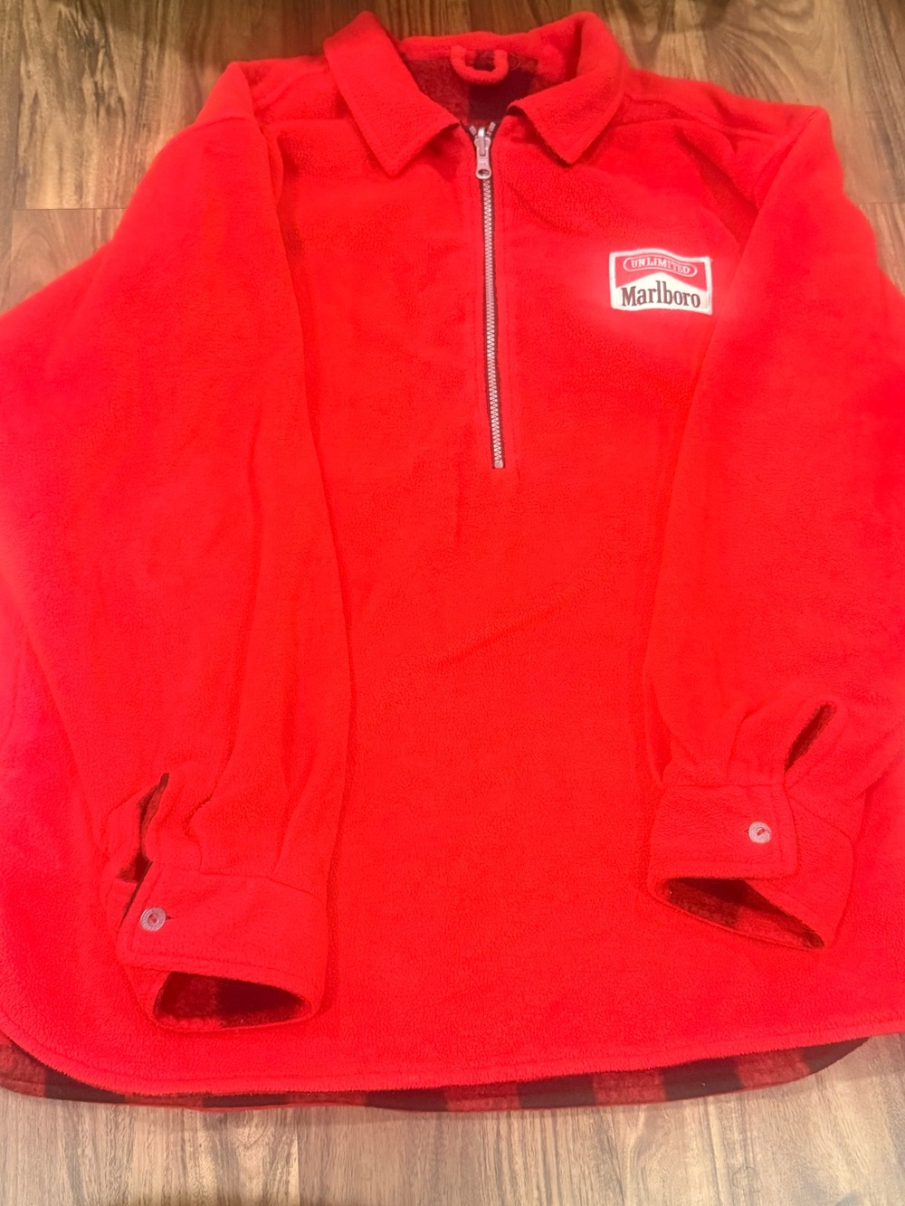 Vintage Marlboro Jacket Mens XL Red Reversible Buffalo Plaid Fleece 1/4 Zip 90s